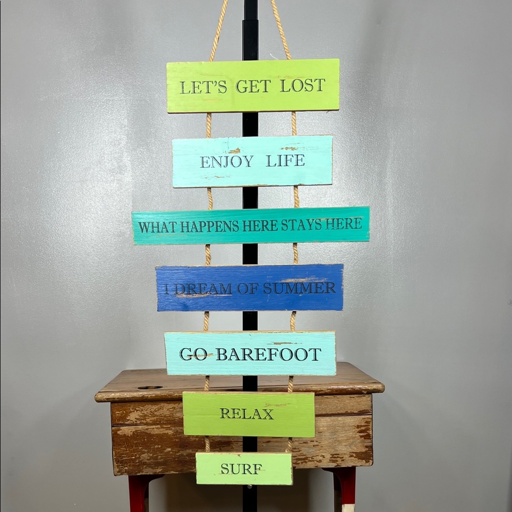 Coastal Hanging Wooden Sign Rack - Lime, Aqua & Blue